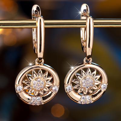 1 Pair White Zircon Sunflower Dangle Earrings for Women Vintage Gold Color Bride Wedding Drop Earrings Fashion Jewelry