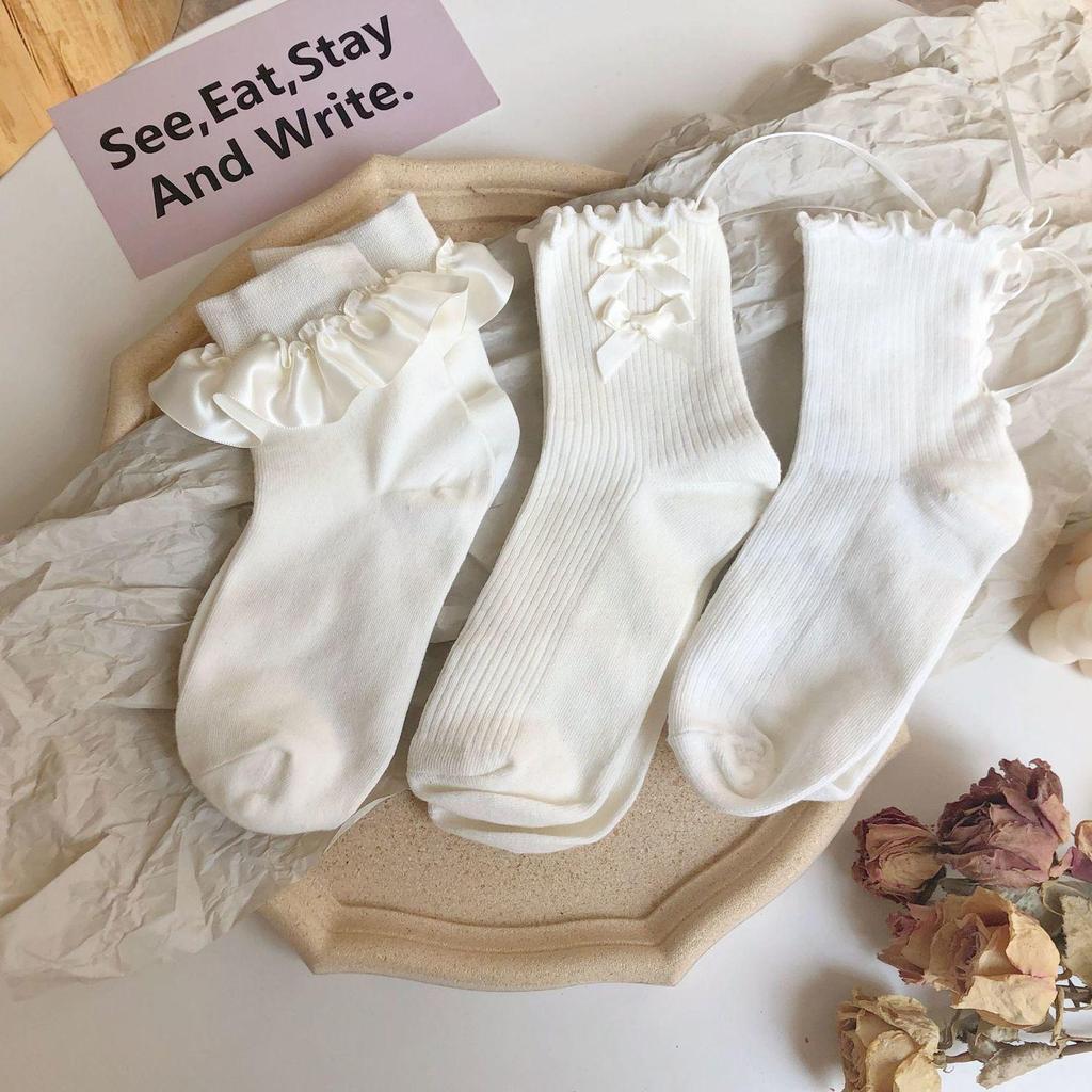 Women's Cute Japanese White Ribbon Bow Lace Mid-Calf Summer Socks