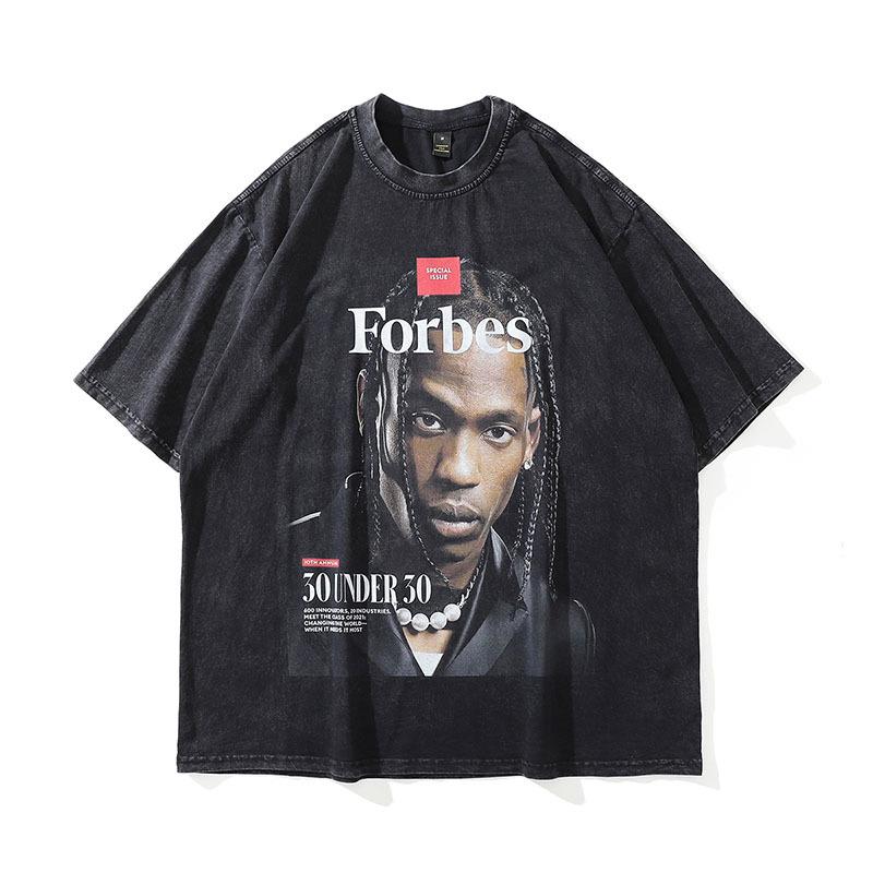 American High Street Vintage Print Oversize Small Neckline Short Sleeve T-Shirt Washed Half Sleeve Top