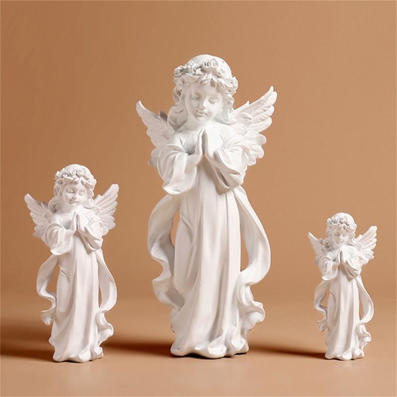 Resins Little Angel Girl Statue Artistic Desk Decors Nordic Styles Praying Cherub Sculpture With Wing Religious Gift