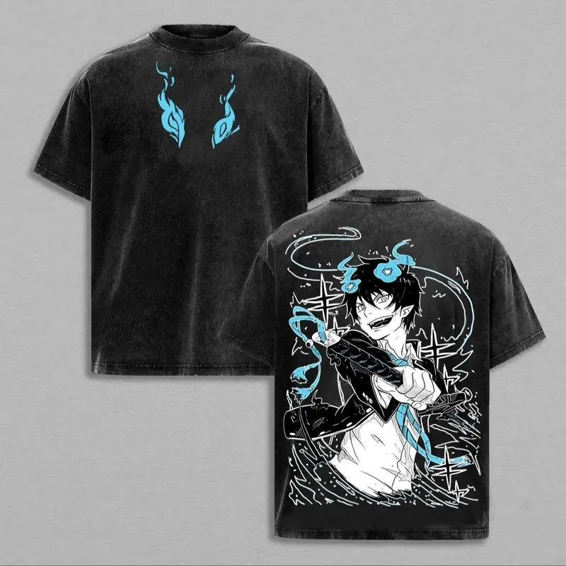 Okumura Rin Printed Tee Anime Blue Exorcist Clothing Men Women Retro Washed T-shirts Short Sleeve Tshirt Harajuku Cotton T Shirt