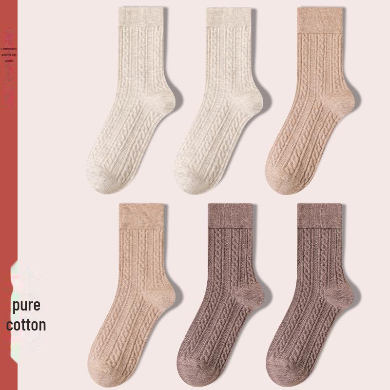 Women's Retro Twist Pure Cotton Mid-Tube Socks - Antibacterial, Deodorant, Autumn/Winter, White Long Socks.