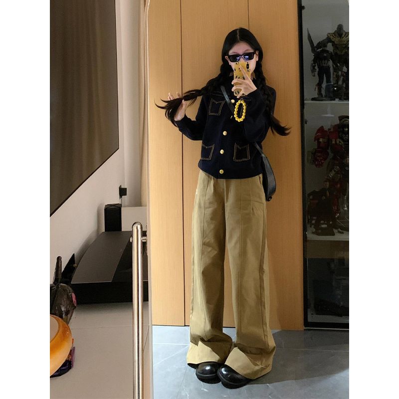 

Plus Size Stylish Khaki Casual Straight-Leg Denim Women s Autumn New Arrival Small Mop Wide Leg Pants Tide Khaki Quality Edition] 3XL