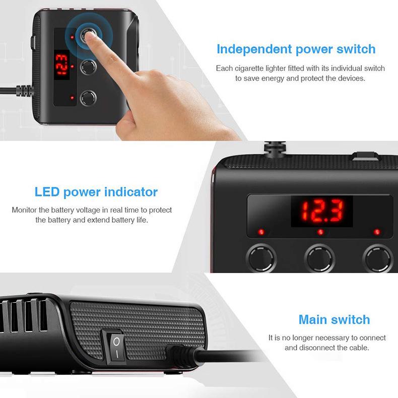 High Power Car Charger: 1 To 3 Lighter Socket Extension & 4-Port USB with Independent Switches TR12