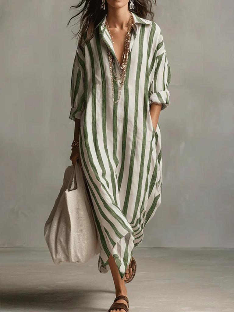 European & American Striped V-neck Summer Shirt Dress with 3/4 Sleeves