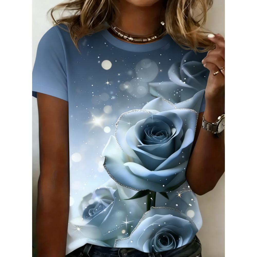 Damen Sommer Blumenprint Groß Locker Lässig T-Shirt Modisch Bequem Weich Atmungsaktiv Minimalistisch Täglich Kurzärmliges T-Shirt