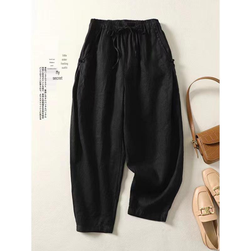 High Waist Retro Frog Button Cotton Harem Pants - Lightweight, Elastic, Tie Waist, Loose Fit for Spring/Summer