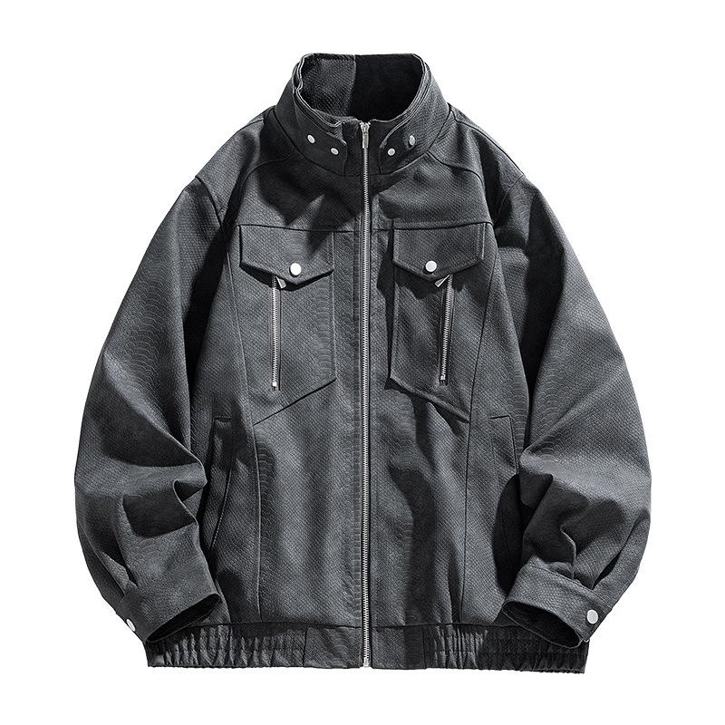 New fat plus size leather jacket men's PU leather tooling large size lizard leather jacket men's stand-up collar locomotive shake