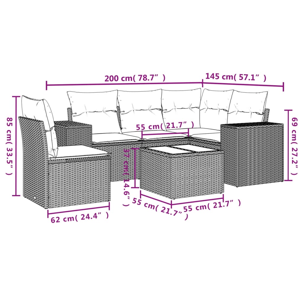 Vidaxl 6-Cz. Set di Mobili da Giardino con Cuscini, Beige, Polyrattan