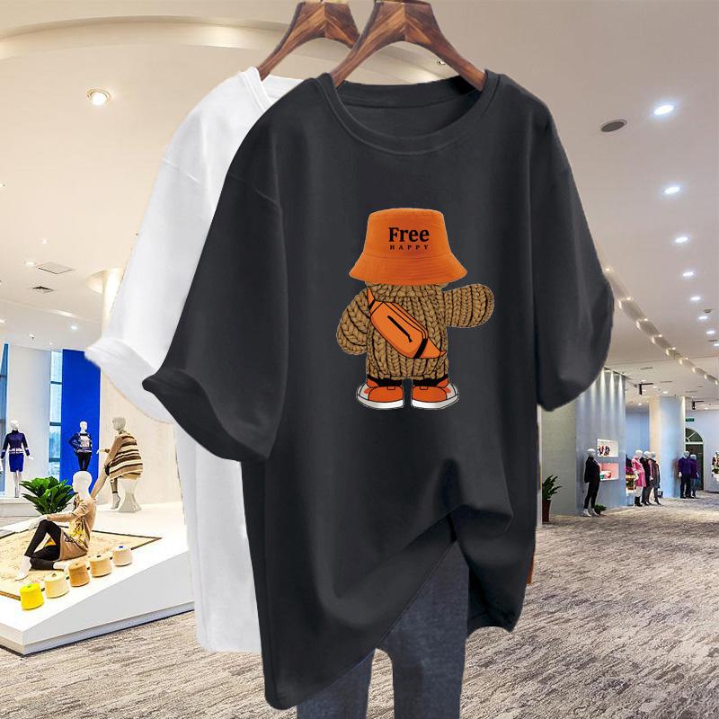 

apricot short-sleeved T-shirt women s medium and long butt cover 2025 summer new European loose big version top tide XXXL