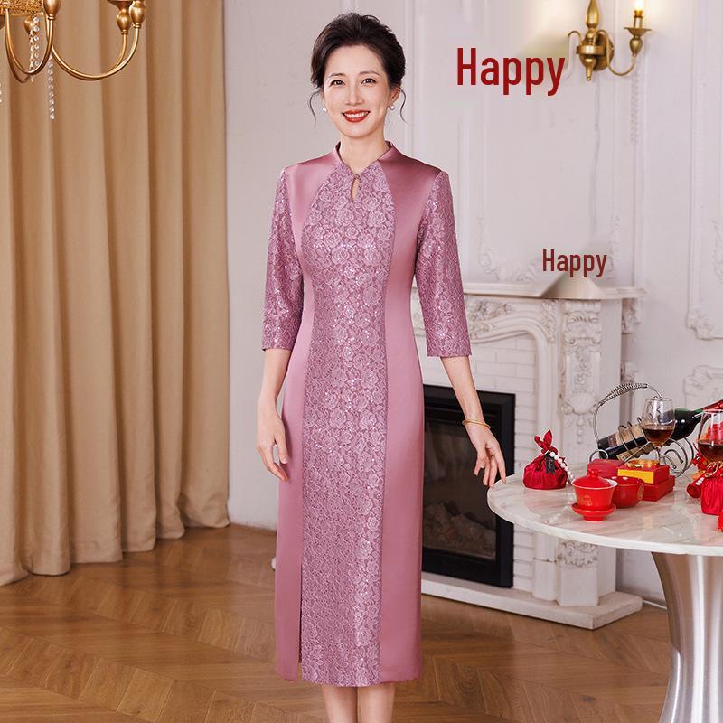 

Spring Evening Gown: Plus Size Waist-Cinching Embroidered Qipao for Mothers 2XL