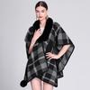 920 Womens Faux Rabbit Fur Collar Knit Cape Cardigan Loose Fit Plaid Winter Coat