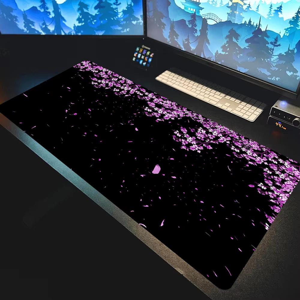 Japanese Cherry Blossom Large Gaming Mouse Pad Black Background Desk Mat for Aesthetic Gaming Setup 800x300x2mm