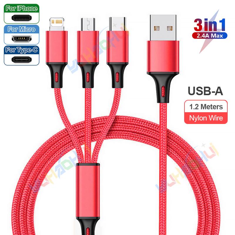 2.4A Max 3 w 1 kabel USB szybkie ładowanie kabel błyskawicy do iPhone'a typu C kabel do ładowania telefonu komórkowego do Xiaomi Samsung USB Micro