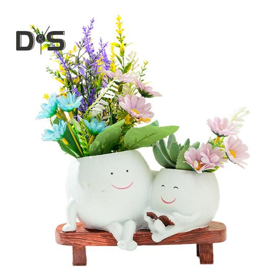 Smile Face Planter Resin Reading Lady Head Girl Face Flower Pot Double Head Succulent Planter with Drainage Hole for Home Office Balcony