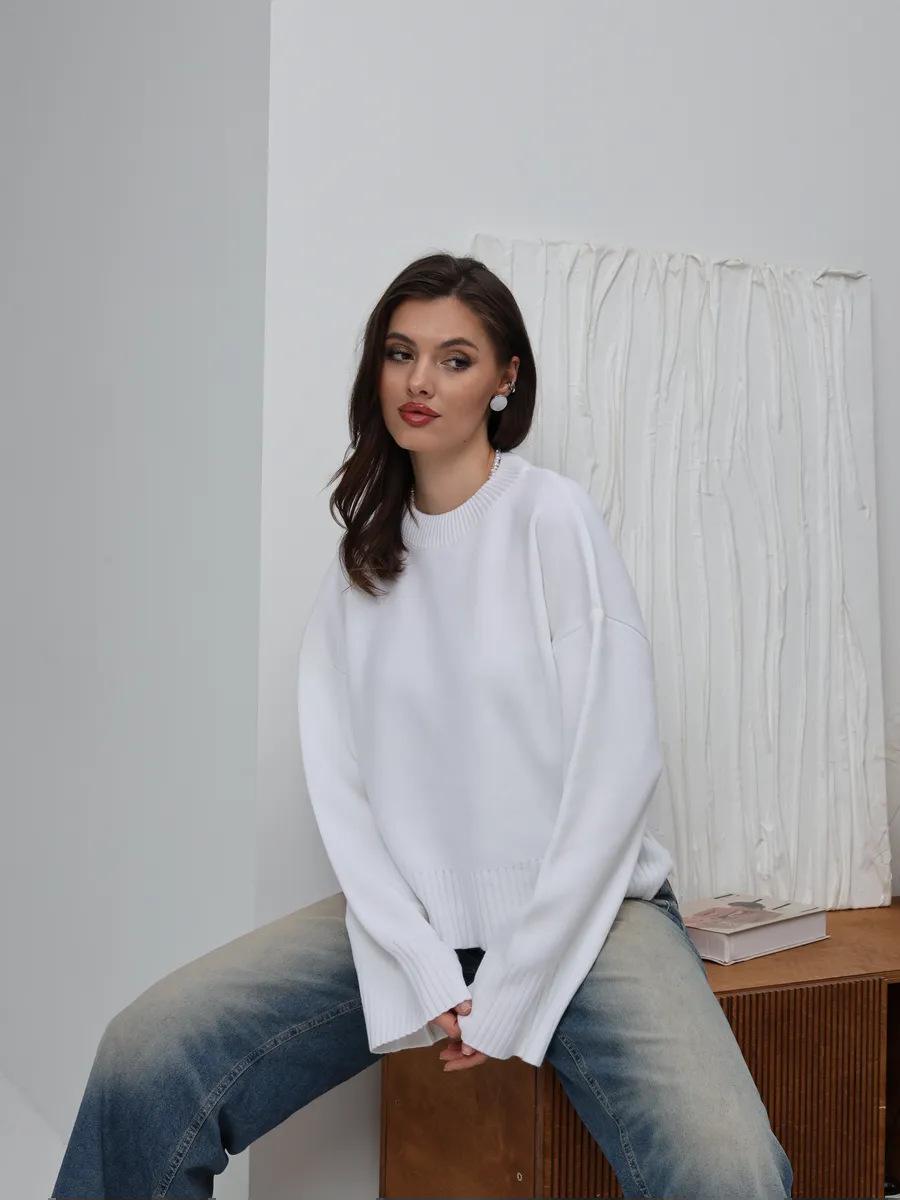 

Women s Round Neck Pullover Loose Solid Color Long Sleeve Knitted Sweater S белый