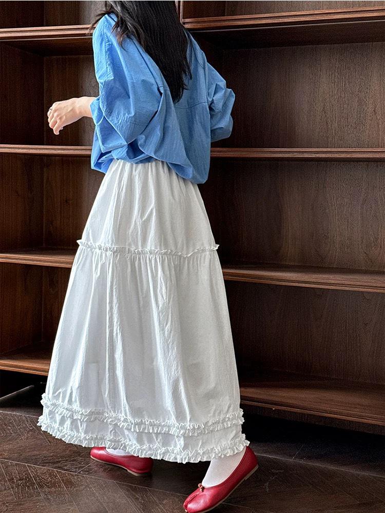 Spring 2026 High Waist Patchwork Wood Ear Ruffle Korean Style Long Cake Skirt