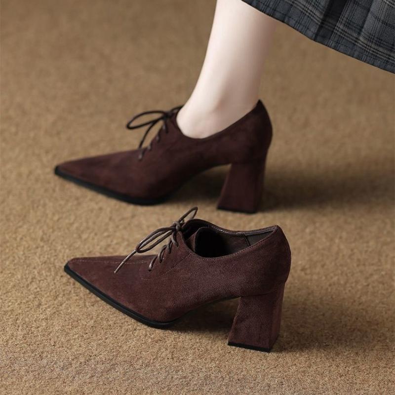 2025 New Retro Women High Heels Pointed Toe Shoes Ladies Lace-Up Work Dress Spikes Spring Office Block Shoes