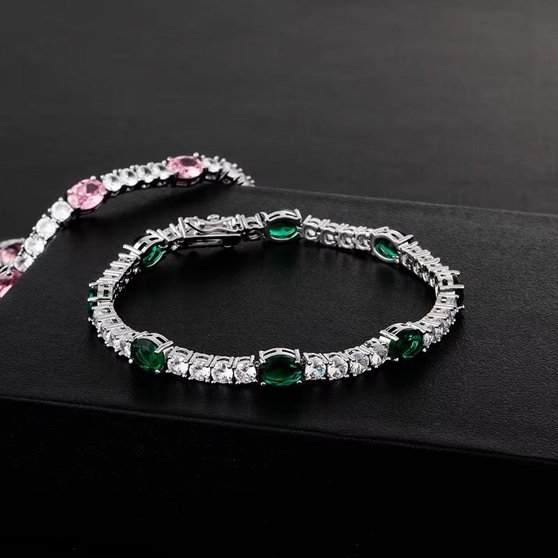 Prong Setting Two Tone Oval and Round CZ Tennis Bracelet Rhodium Plated Brass Luxury Couple Jewelry Gift