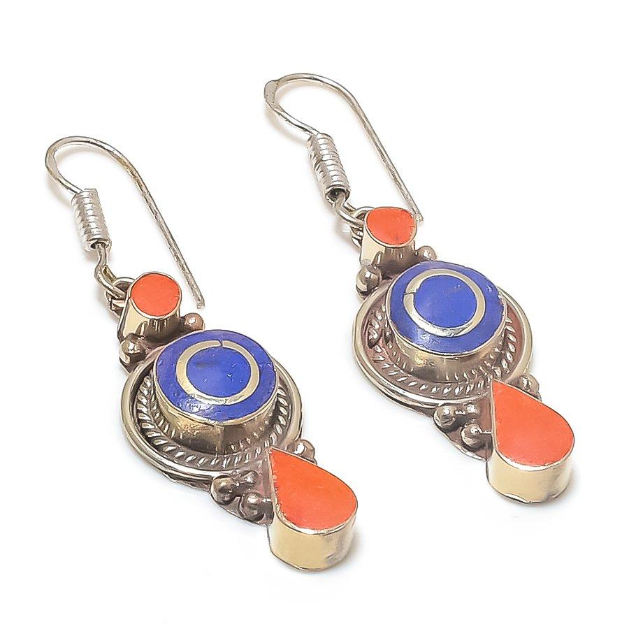 

Italian Red Coral, Lapis Gemstone 925 Sterling Silver Jewelry Earring 2.21 S3k72