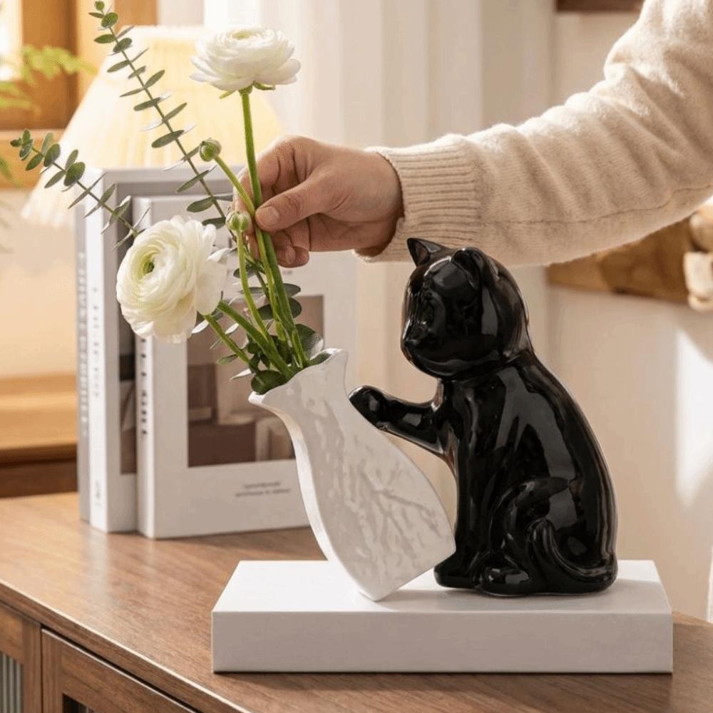 Cat Statue Cat Pushing Vase Unique Flower Holder Kitten with Tilted Flower Vase  Home Decor