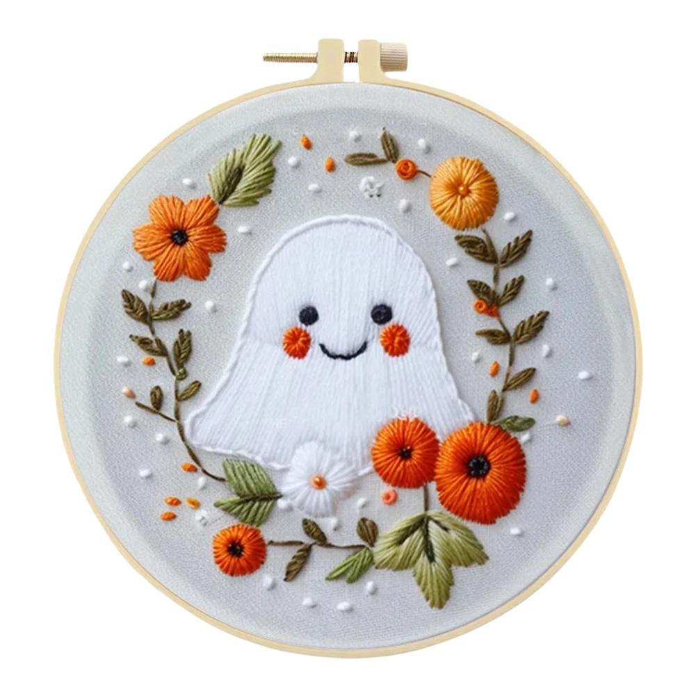 Halloween Stamped Cross Stitch Embroidery Kits with Hoop Cloth Color Thread for Beginners DIY Arts Ornament Cross Stitch Sets