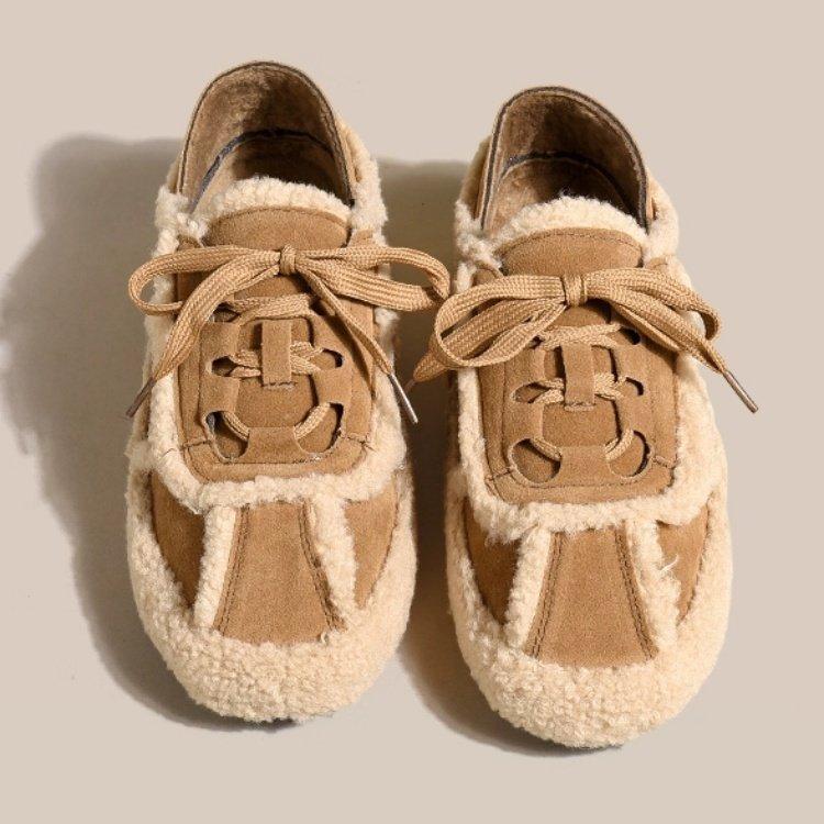 [Fried Chicken Fashion] Casual Shoes, Snow Cotton Women's Lamb Wool Shoes Lace-up Versatile Splicing Velvet Bean Shoes