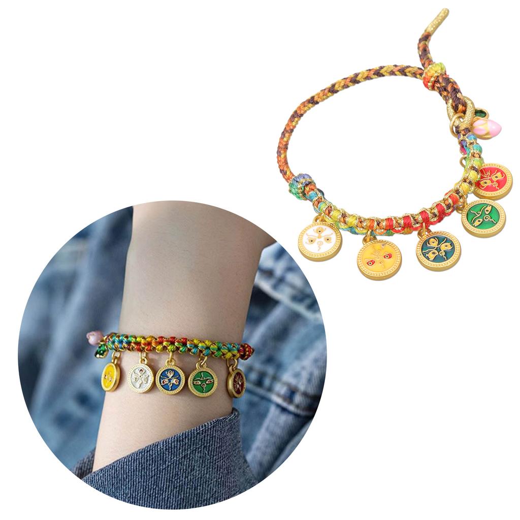 Colorful Rope Bracelet Tibetan Thangka Bangle Five Way God of Wealth Handchain National Wind Peach Knot Wristwear