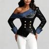 Womens Stylish Slim Fit Faux Leather Denim Patchwork Blazer Jacket With Notched Collar Double Breasted Buttons