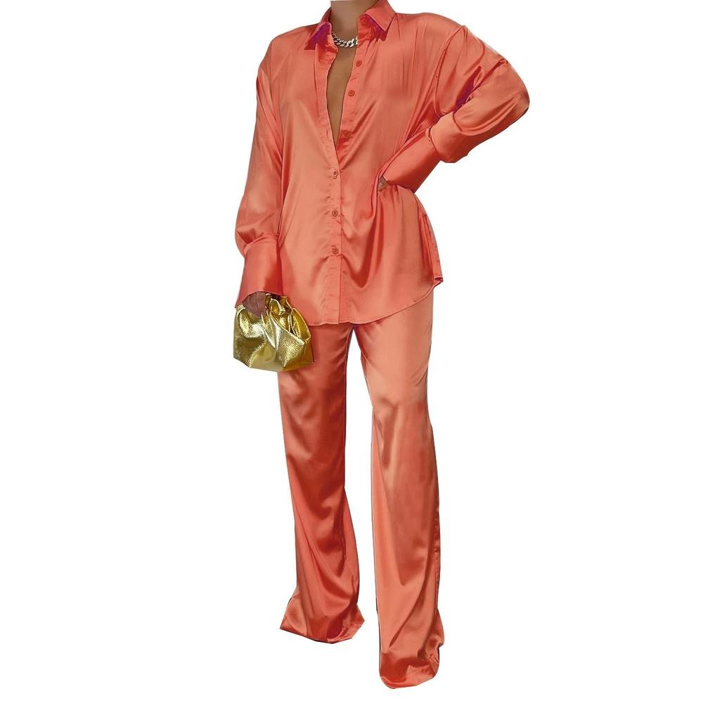 Completo da Donna in Raso a 2 Pezzi, Top a Manica Lunga con Collo a Camicia con Pantaloni Larghi a Gamba Dritta, Outfit Casual Monocolore