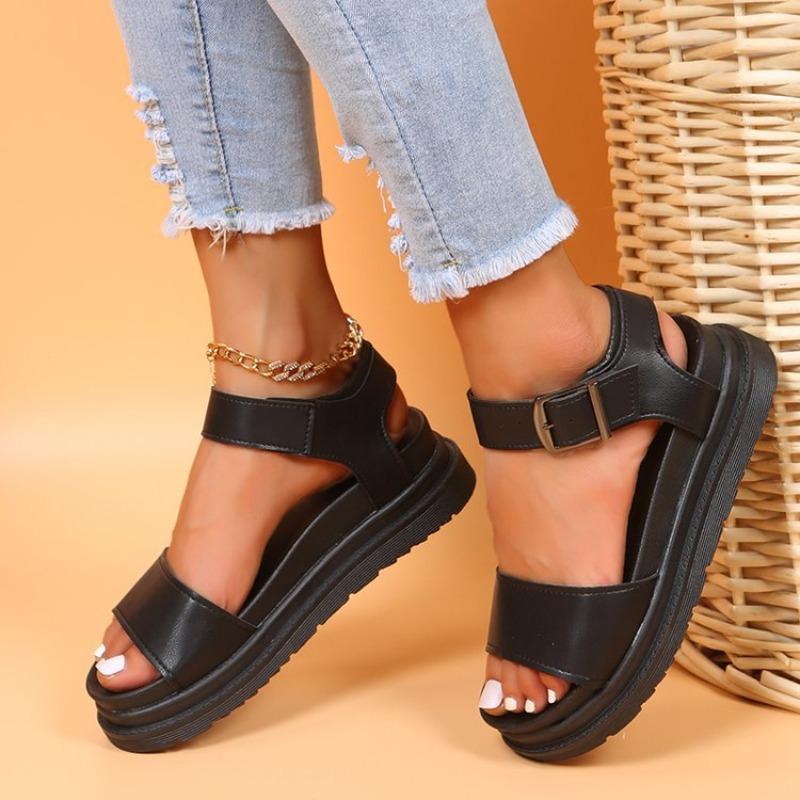 Large size one-word sandals women's style sandals TEUM explosive belt buckle platform sandals