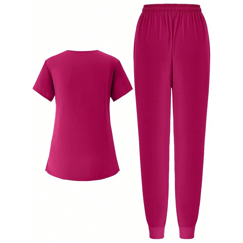 Short Sleeved Solid Color Round Neck Pocket Top Pants Work Clothes Two-Piece Set