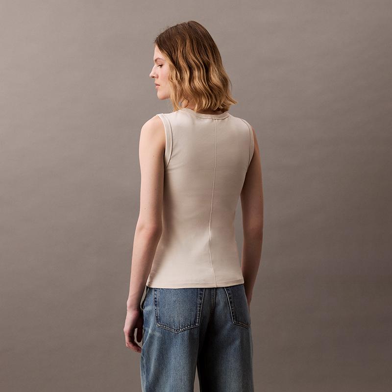 Calvin Klein Trendy Minimalist Embroidered Logo Ribbed Slim Fit Tank Top Women Tops Beige Cream 47B265G