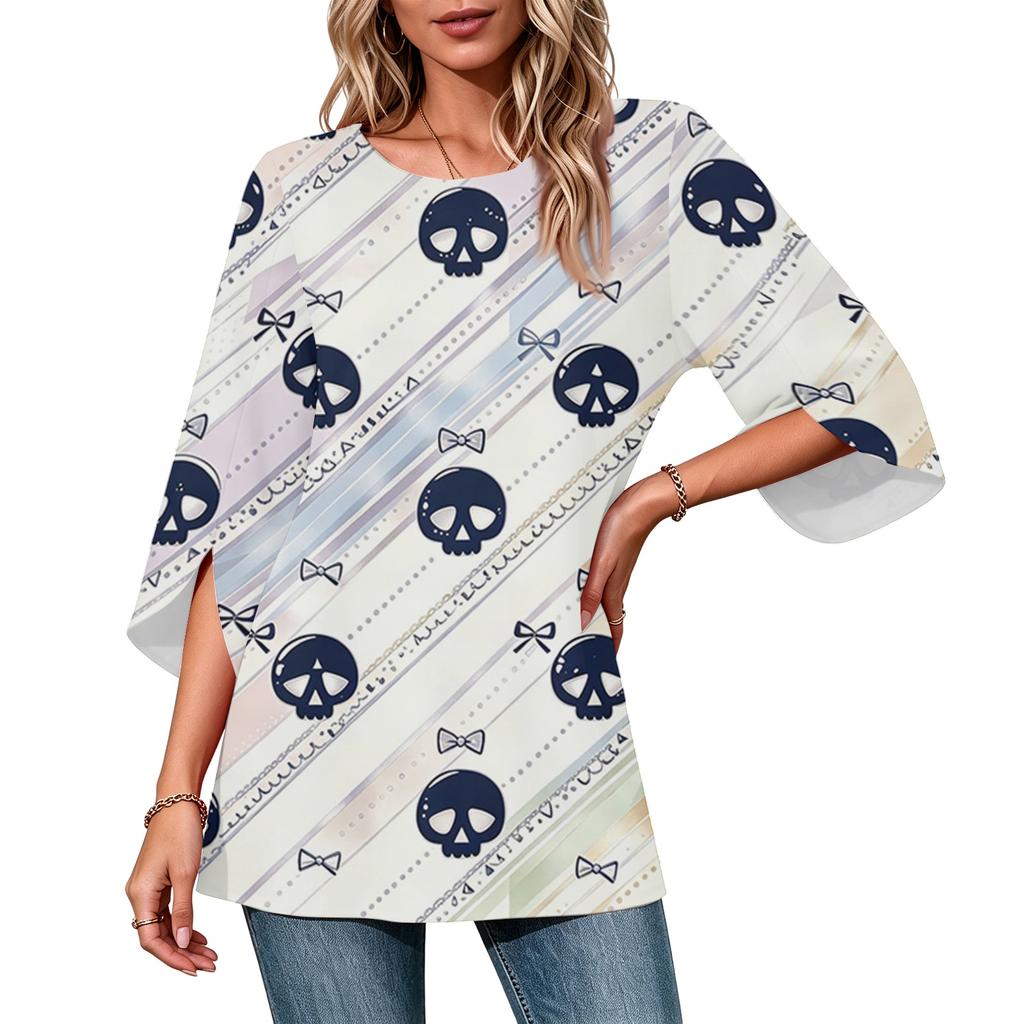 Women's Halloween Printed Casual Loose Fit Top with Round Neck and Three-Quarter Sleeves