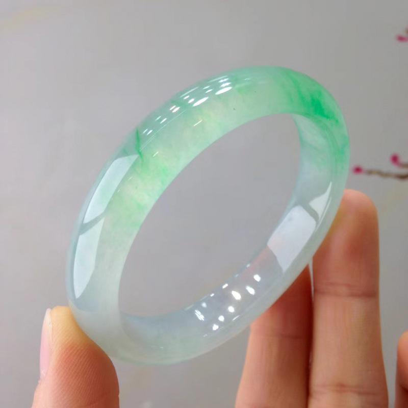Authentic Myanmar Ice Jade Concubine Bracelet – Bright Green with Floating Flower Motif