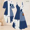 Women Plus Size Two Piece Set Blue Beige White Printed Short Sleeve Cardigan V Neck Strappy Flared Dress