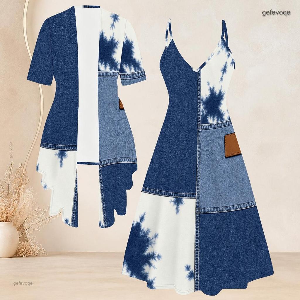 Women Plus Size Two Piece Set Blue Beige White Printed Short Sleeve Cardigan V Neck Strappy Flared Dress