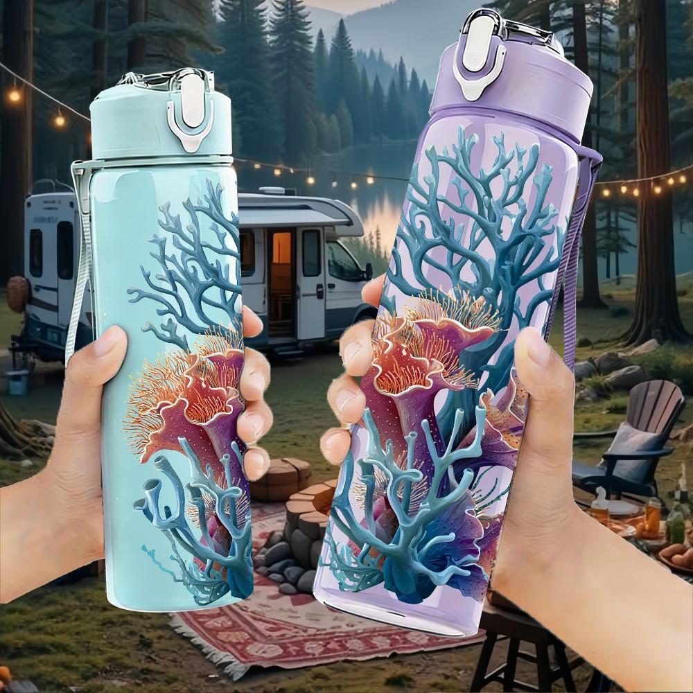 1PC Blue Coral Underwater Sea Plant 750ml Color Plastic Sports Water Bottle Leakproof Flip Straw Lid Suitable for Sports Office Home Use