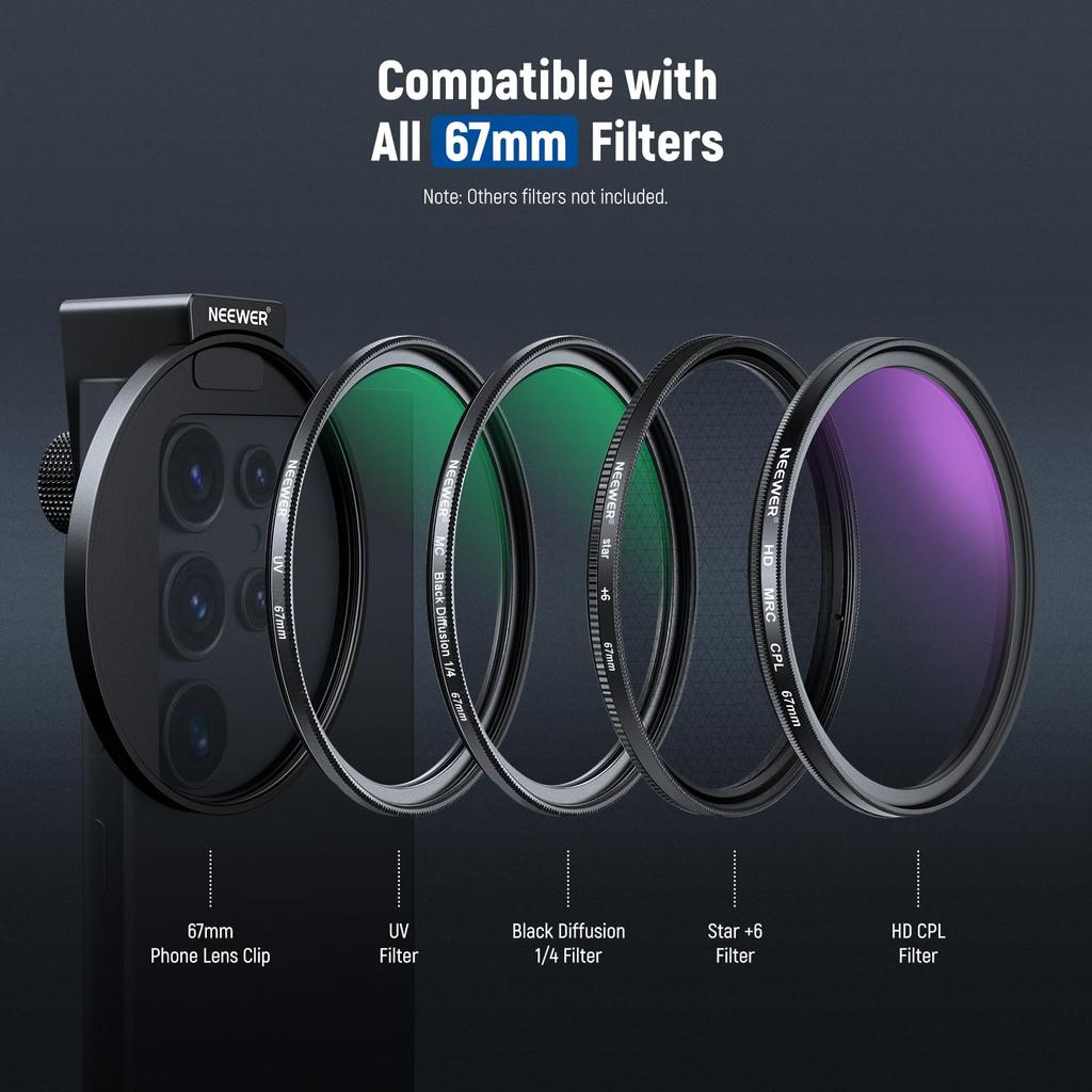 NEEWER 67mm CPL Filter with Cold Shoe Smartphone Lens HD Polarizing Circular Includes Pouch and Cleaning Compatible with iPhone Max S25 Clip, Filter,