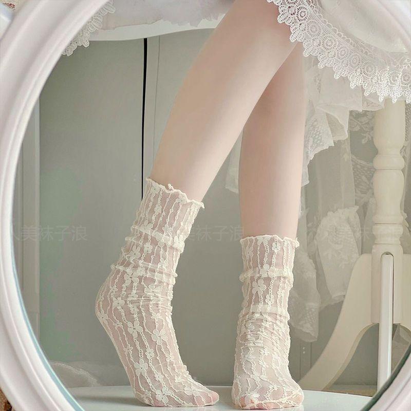 5 Par Damskich Letnich Cienkich Jednokolorowych Skarpetek do Kostki z ażurowej koronki w kwiaty, oddychających