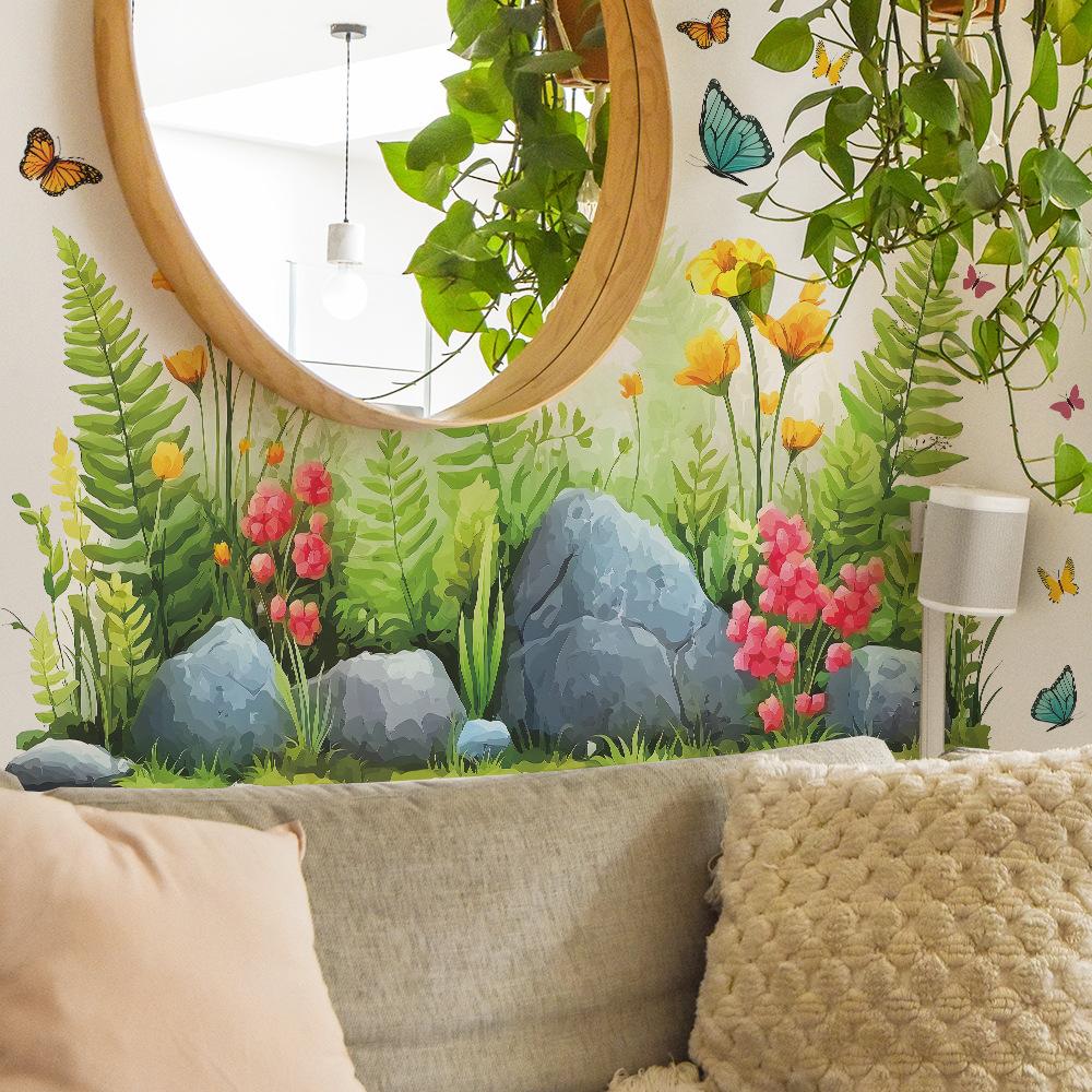 Watercolor Grass Flowers and Butterflies Living Room Entrance Skirting Decoration Wall Stickers