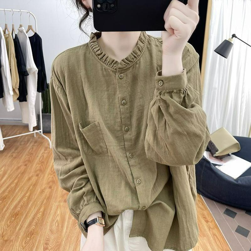 Cotton Long-sleeved Shirt Spring and Autumn Tops Retro Ruffled Collar Bottoming Shirt with Imitation Cotton and Linen Shirt Women