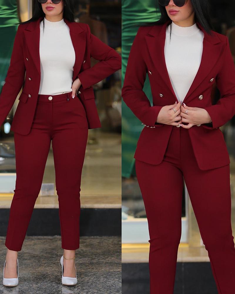 Kadın Kruvaze Takım Seti, Dar Kesim Pantolonlu, Profesyonel Blazer ve Pantolon Takımı