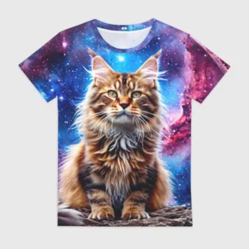 Children's Cartoon Kitten Print Cute Multi-color T-shirts Girls Fashionable Soft Comfortable T-shirt