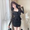 Elegantes Spitzen-V-Ausschnitt-Bodycon-Kleid mit Schleife und Figurschmeichelnden Langen Ärmeln