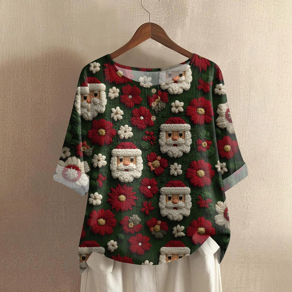 Women's Fashionable And Casual Shirt Half-sleeve Round Neck Print Cotton And Linen Blouse Top
