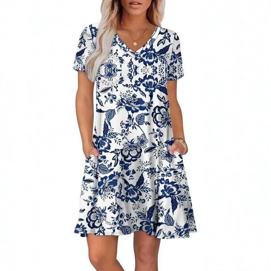 2026 New Women's Crew Neck Short Sleeve Long Dress Bohemian Print Dress Women's Early Summer