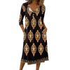 Women's Fashionable Color Printed Round Neck 3/4 Sleeve Button Collar Mid Length Casual Dress