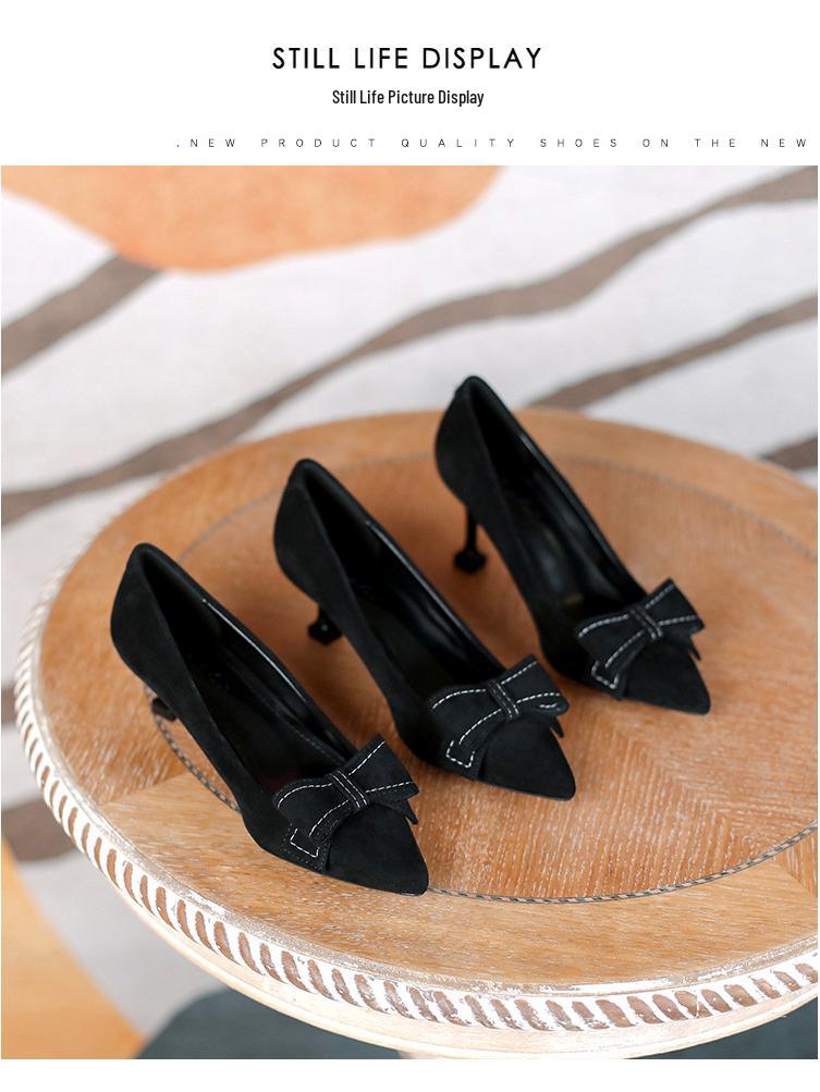 2025 Spring/Autumn Black Bow Low Heel Stiletto: French Pointed Toe Women's High Heels.