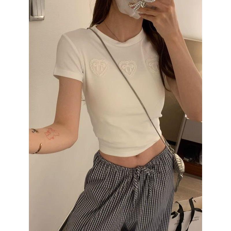 Lace Love Bow Short-sleeved Summer T-shirt Women's Slimming Short Top